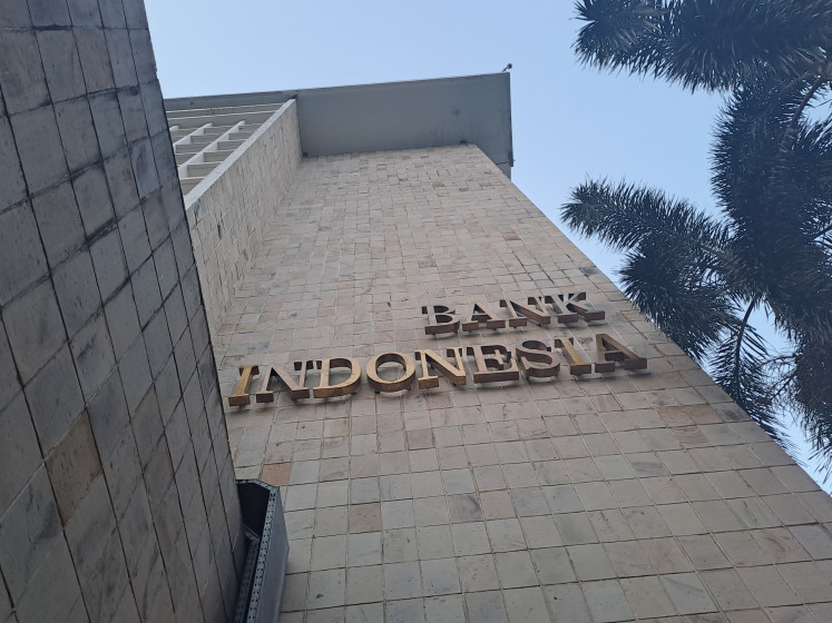 Metallic plating that reads 'Bank Indonesia' displayed on one of the buildings in the central bank headquarter complex in Jakarta on July 17, 2024.